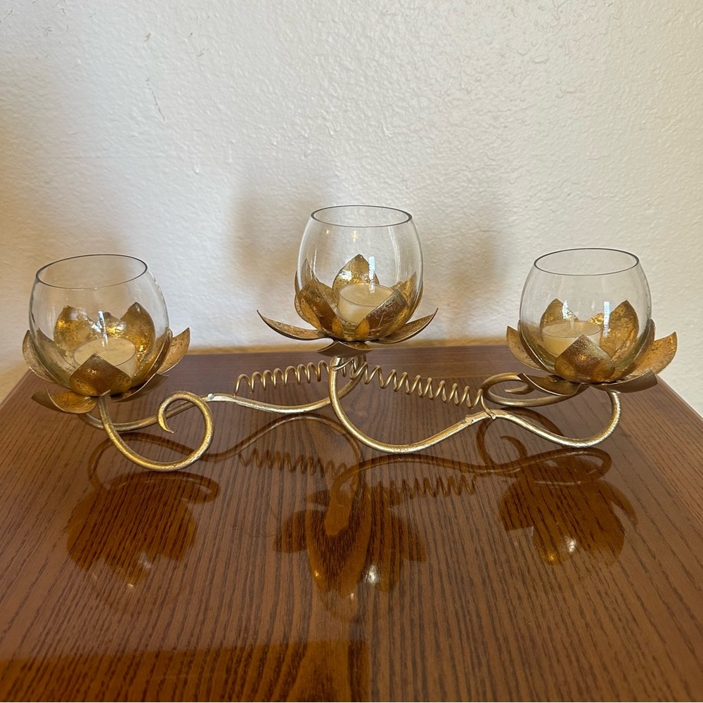 Gold Lotus 3-Tea Light Holder Decorative Centerpiece